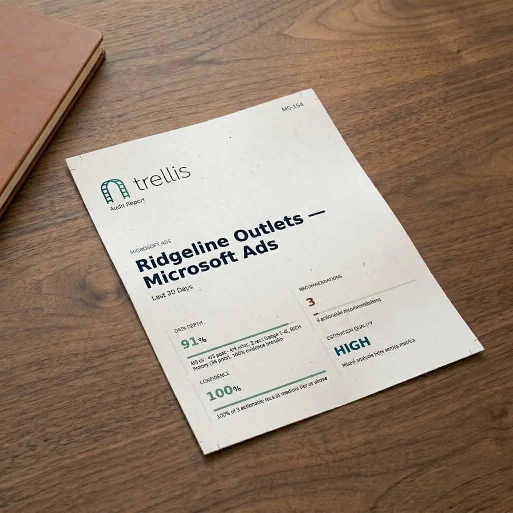 A printed Trellis Audit Report on a walnut desk, showing data depth, recommendations, confidence, and estimation quality summary metrics.